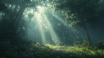 Sunbeams pierce mystical forest path