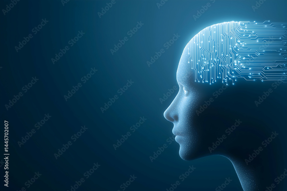 Poster a digital human head with circuit patterns symbolizes artificial intelligence and technology integra
