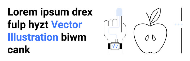 Smartwatch on hand showing health data, finger gesture near apple and menu bar. Ideal for wellness, fitness, health tech, nutrition, apps, digital coaching, simple landing page