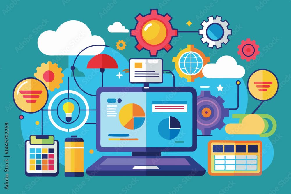 Poster a vibrant digital workspace features a computer displaying colorful charts, gears, and various tools