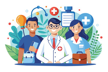 Three healthcare professionals stand together with cheerful expressions, showcasing medical symbols and plants in a vibrant, engaging design that emphasizes teamwork in healthcare.
