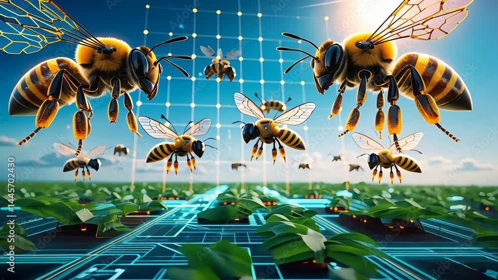 Poster futuristic robotic bees hovering over a high-tech smart farm with glowing grid patterns and crops un