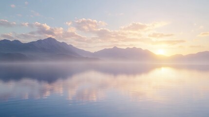 The peaceful sunrise over a calm lake reflected in the water