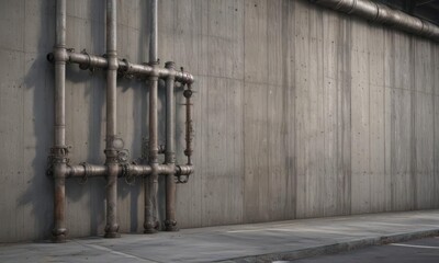 Rough textured concrete wall with aged metal pipes and machinery  , industrial, rusty, steel
