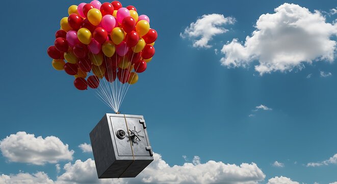 Bal&otilde;es coloridos elevando um cofre met&aacute;lico