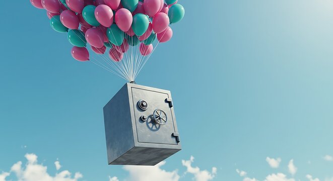 Bal&otilde;es coloridos elevando um cofre met&aacute;lico