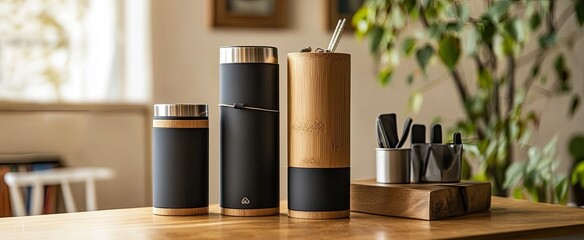 Stylish dark and light containers on a wooden surface