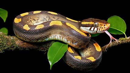 Obraz premium A colorful patterned snake is coiled on a mossy branch
