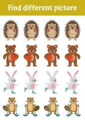 Logical games, educational activities for kids. Learning games for preschoolers, kindergarten. Find different picture. Printable worksheets, educational games, teacher resources. Learning page.