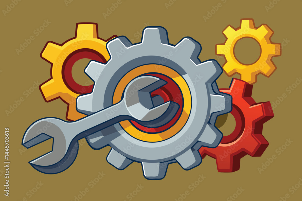 Poster a collection of colorful gears in various sizes with a wrench positioned prominently highlights tool