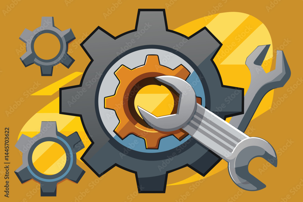 Poster a mechanical illustration features interconnected gears and a wrench, symbolizing collaboration and 