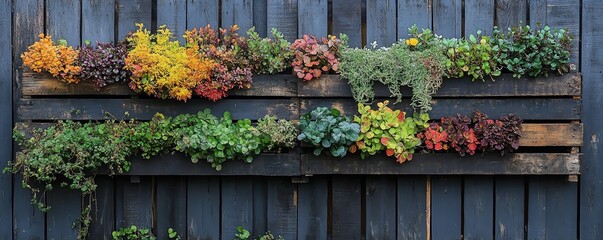 Fototapeta premium A vertical planter crafted from repurposed pallets, showcasing eco-friendly gardening with vibrant flowers and greenery.