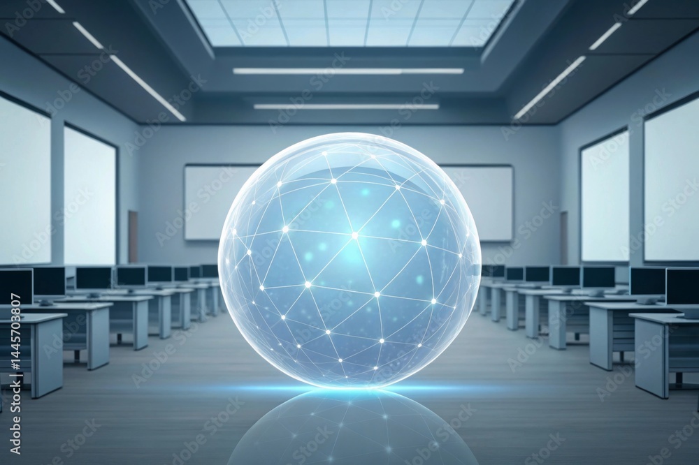 Poster ai learning assistant shaped like a glowing sphere in a classroom futuristic classroom featuring a g