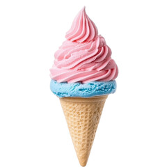 Delicious ice cream cone with pink and blue swirls on waffle cone, showcasing vibrant and appetizing treat. Perfect for summer day or dessert craving