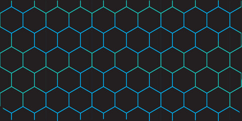 Seamless geometric honeycomb pattern with metallic hexagonal design in black and blue, perfect for a modern wallpaper or texture