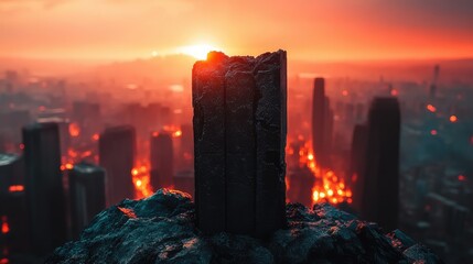 Dark, ominous pillar atop a ravaged city skyline at fiery sunset