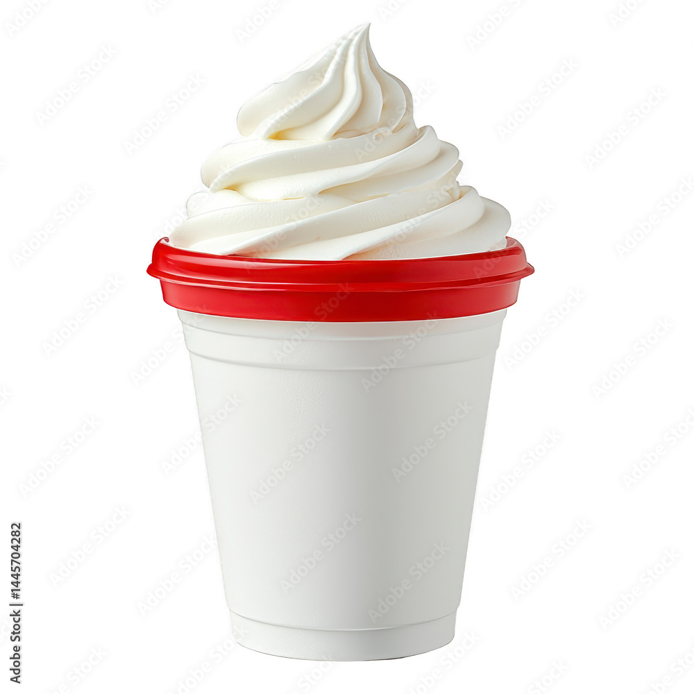 Poster cup of creamy vanilla soft serve ice cream with red lid, showcasing smooth and swirled texture, perf
