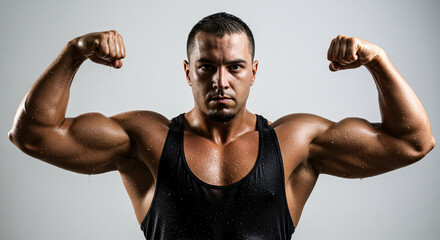Muscular Man Flexing Arms Displaying Physique with Sweat on Skin against White Background