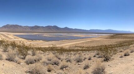 Fototapeta premium Expansive solar panels in a desert landscape with distant mountains under a clear sky