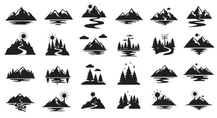 Black and White Mountain Landscapes A Collection of Nature Icons
