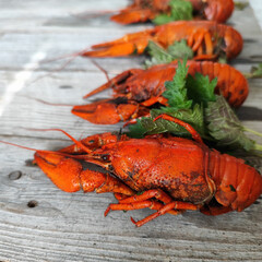 Vibrant Crawfish Display on Rustic Wooden Surface
Concept of seafood, presentation, rustic charm