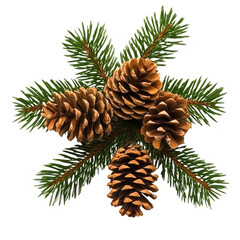 Cluster of pine cones surrounded by green pine needles creates natural and festive arrangement. earthy tones and textures evoke sense of outdoors and seasonal warmth