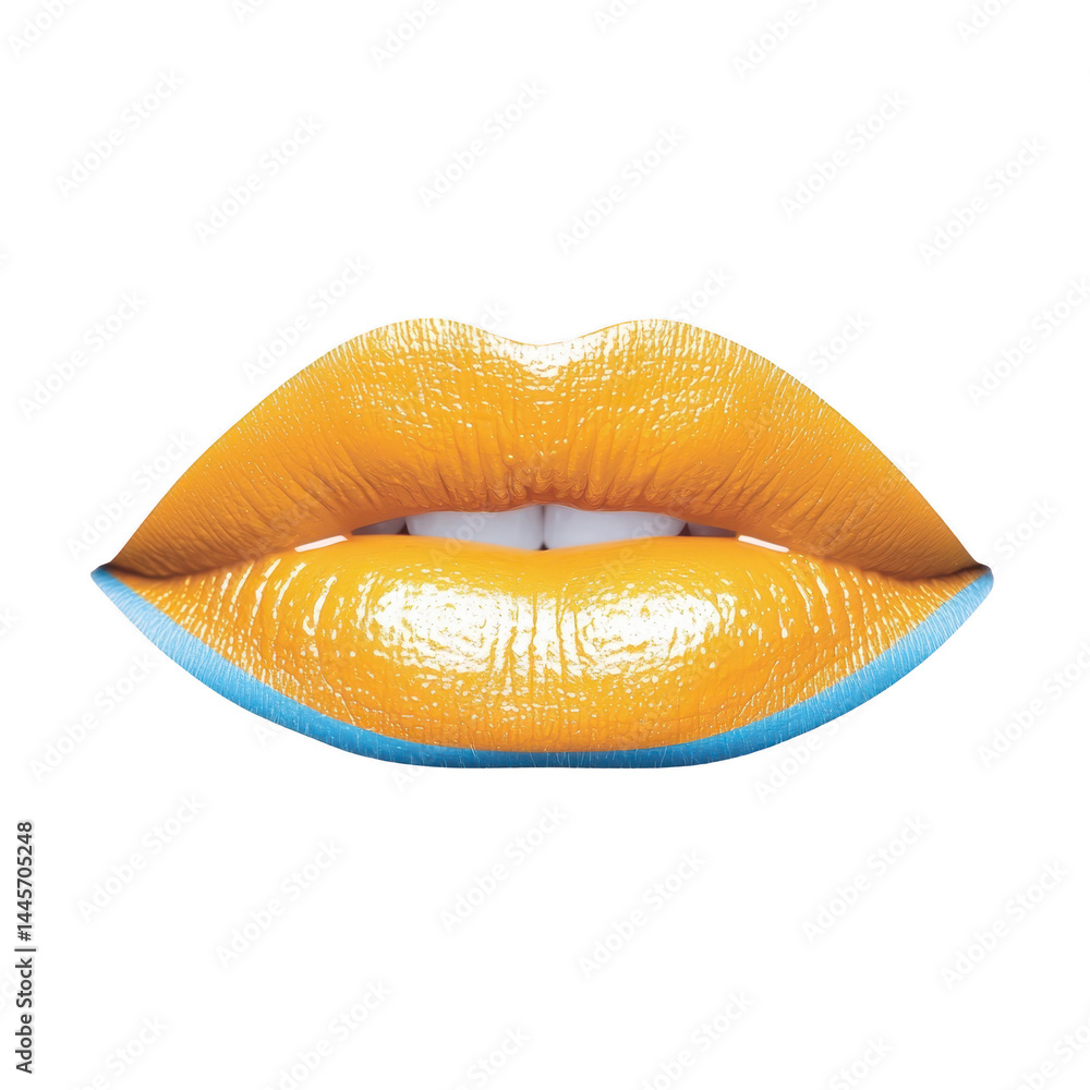 Poster vibrant yellow lips with glossy finish and subtle blue outline create striking and artistic visual. 