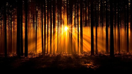 Obraz premium Sunlight bursts through a dense forest creating an ethereal glow