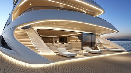 A luxurious modern yacht features an elegant exterior design perfectly