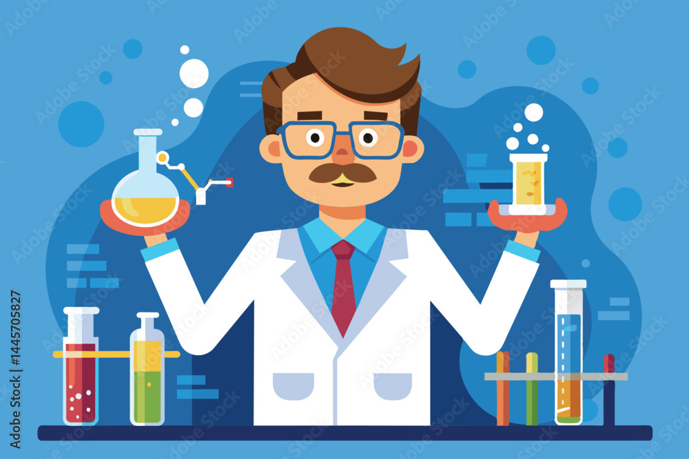Poster a scientist holds two glass beakers filled with different liquids while conducting experiments at a 