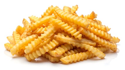 Pile of crinkle cut fries golden brown isolated on white background