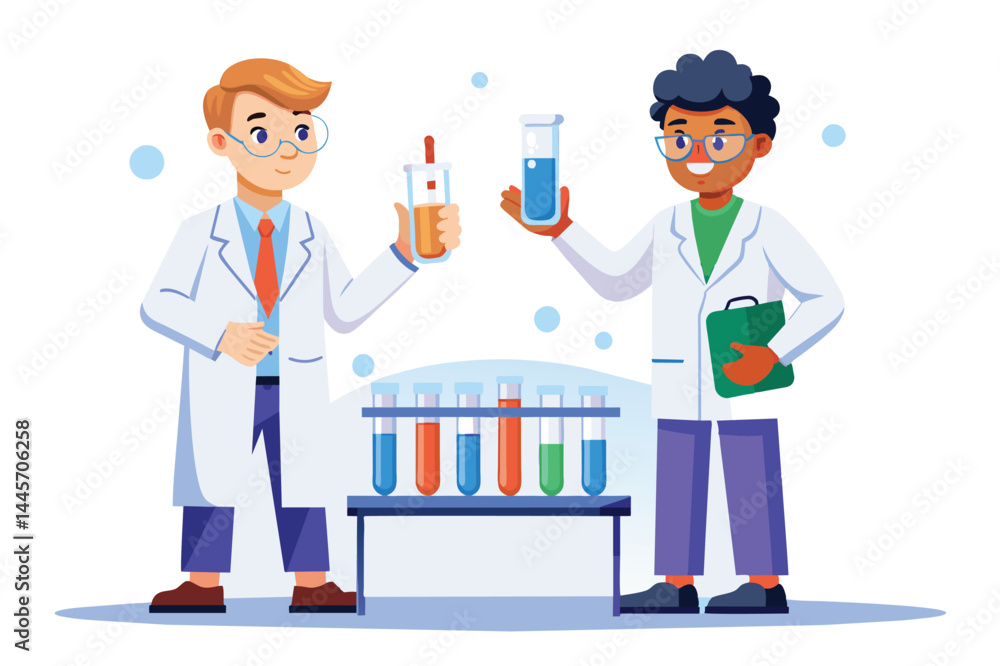 Poster two enthusiastic young scientists wearing lab coats are engaged in experiments, showcasing vibrant l