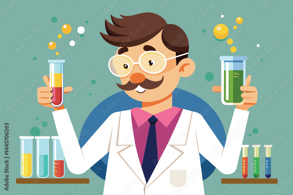 Poster a cheerful scientist in a lab coat holds two different test tubes while surrounded by various colorf