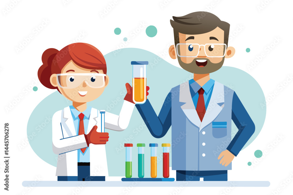 Poster two scientists are enthusiastically working in a laboratory filled with colorful test tubes. they ar
