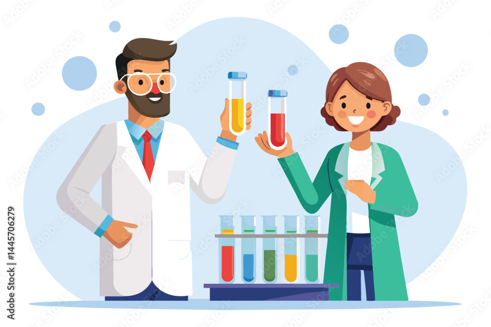 Poster a scientist and a technician are happily showcasing colorful liquids in test tubes while conducting 