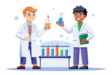 Two enthusiastic young scientists wearing lab coats are engaged in experiments, showcasing vibrant liquids in test tubes while smiling and collaborating in a lively lab environment.