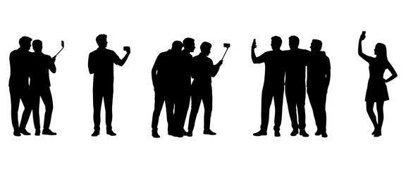 People taking selfie silhouette. People taking selfies group and solo poses silhouettes on a white background.