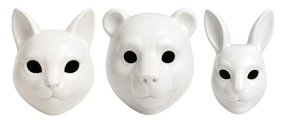 White Animal Face Masks of Cat, Bear, and Rabbit Isolated on Transparent Background, generative ai