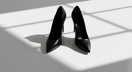 Black High Heels on White Floor – Contrast and Geometry
