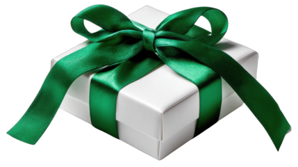 Gift with Green Ribbon: A pristine white gift box is adorned with a lush green ribbon, its elegant form conveying a sense of anticipation and delight, ready to be unveiled.