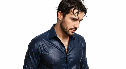 Handsome Young Man In Wet Blue Shirt Posing Against White Backdrop