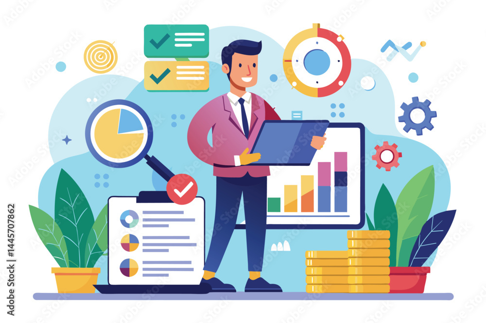 Poster a business professional stands confidently, reviewing data trends displayed on charts and graphs whi
