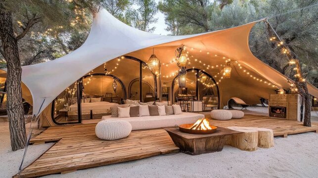 A luxurious glamping tent illuminated with ambient lighting and decor