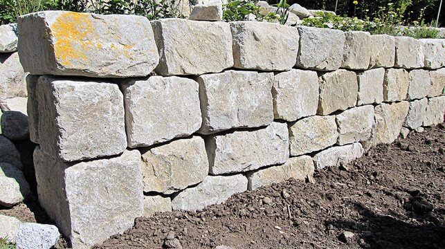 of a hand-built garden wall using irregular fieldstones, surrounded by natural greenery and light shadows fieldstone wall, garden setting, irregular rocks, hand-built, natural construction, 