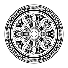 Greek round ornament. Greek meander key plate. Patterns of Greece, ancient Rome. Circle european border frame. Typical egyptian, assyrian, greek motive for engraving, embroidery, porcelain, plate