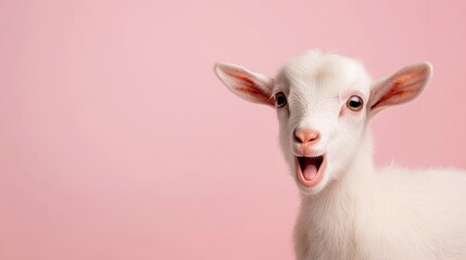 A baby goat with its mouth open, against a vibrant pink backdrop