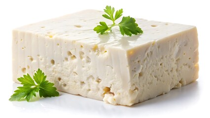 Slice of feta cheese isolated on white background