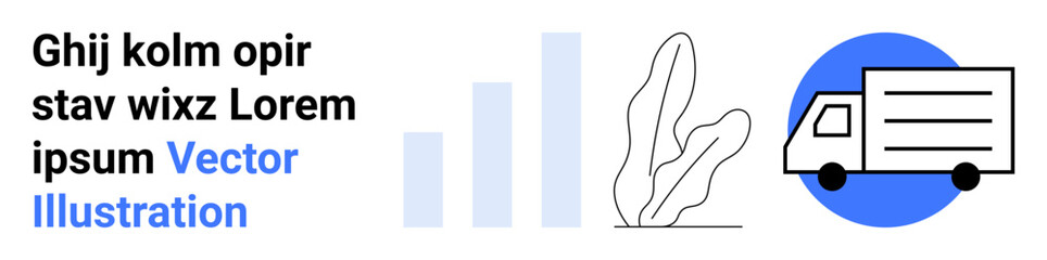 Delivery truck near bar chart and decorative plant illustrating shipping analytics and logistics. Ideal for freight management, transportation planning, data analysis, business growth