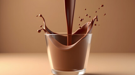 Rich chocolate liquid splashing into a clear glass, creating an enticing and dynamic display of texture and color.