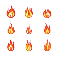 Nine stylized flame icons in various shapes and sizes are arranged in grid pattern on transparent background, showcasing vibrant red, orange, and yellow colors